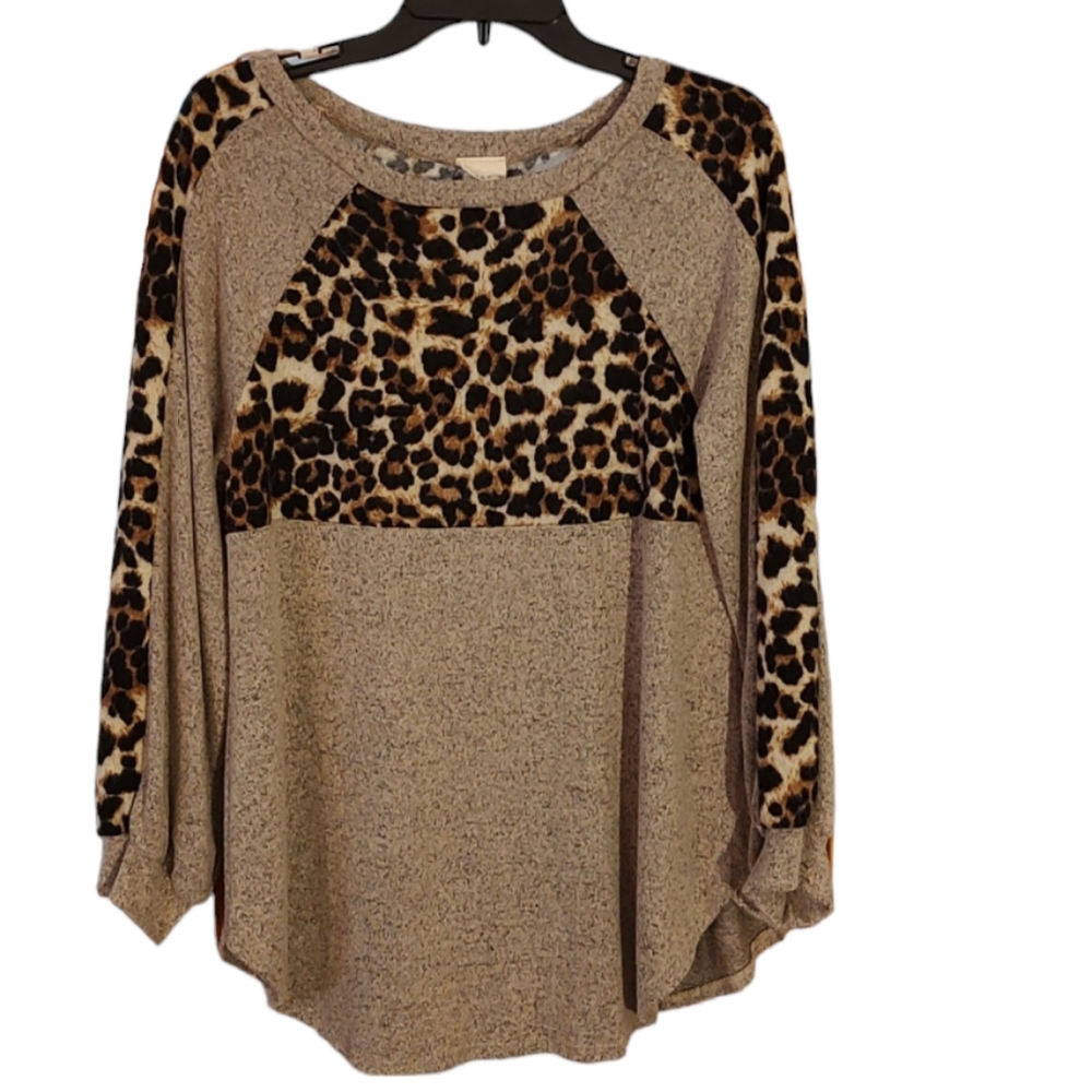 Brown Heather & Animal Print Long Sleeve Tunic Top sz Small